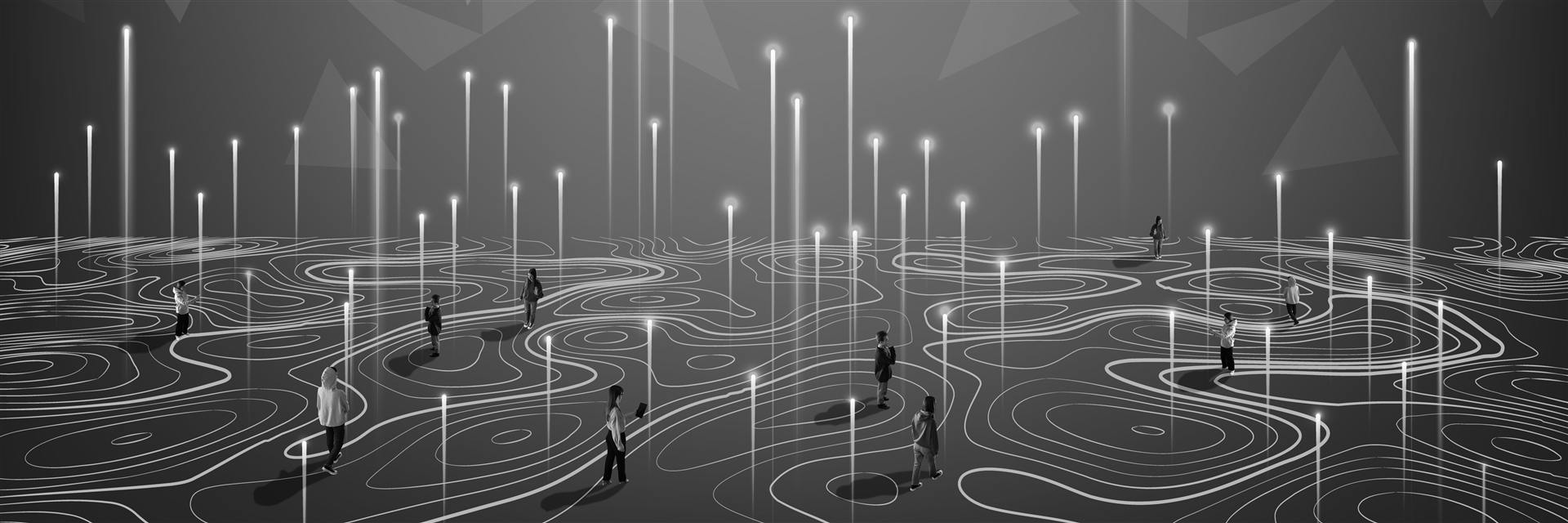 People finding their own paths across a field of rising lights